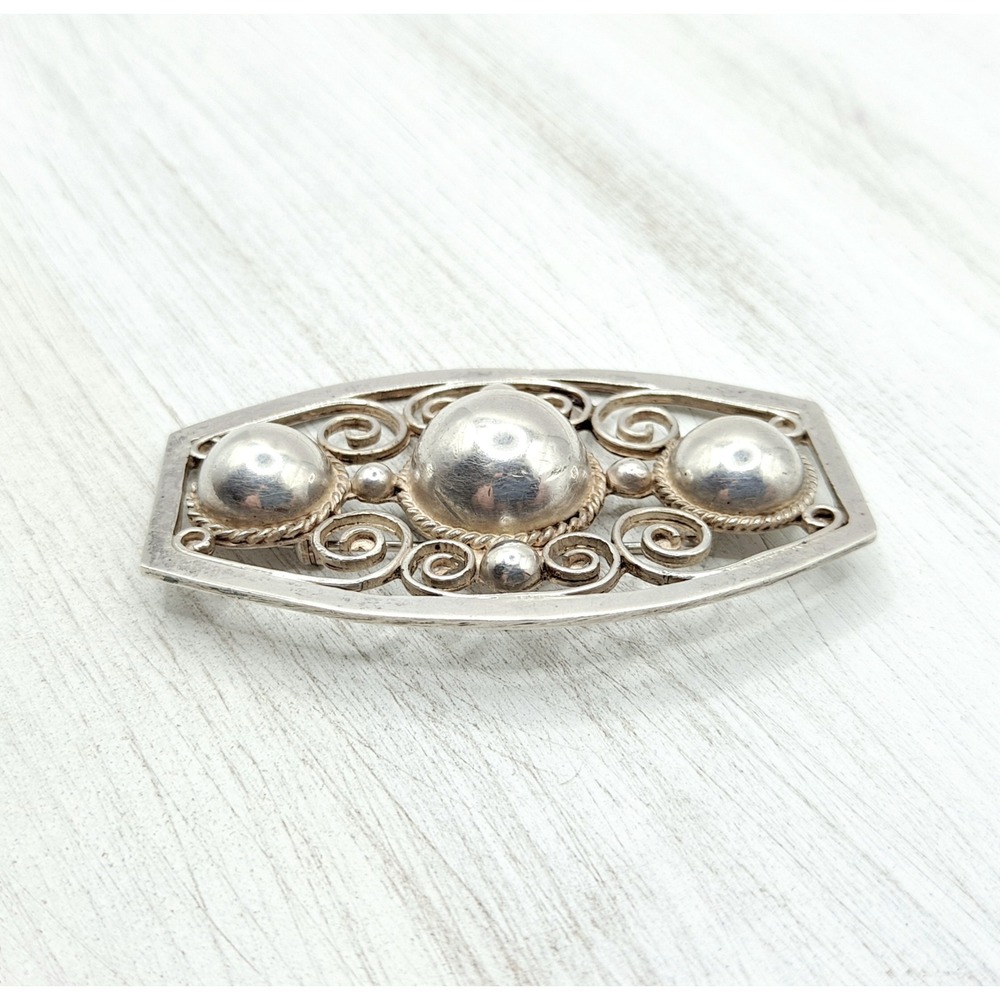 Vintage Sterling Silver Brooch Mid Century Mexico 925 Scroll Dome Pin - Picture 5 of 10